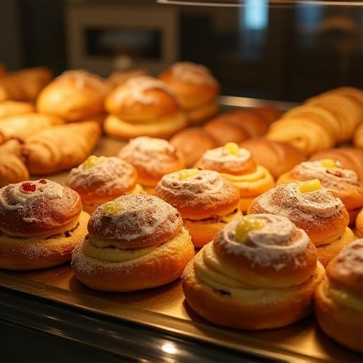 Disk fylt med et utvalg av ferske kanelboller og croissanter.