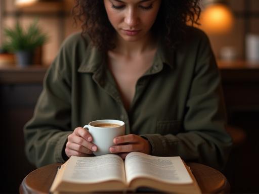 En kunde som nyter en kaffe mens hun leser en bok.